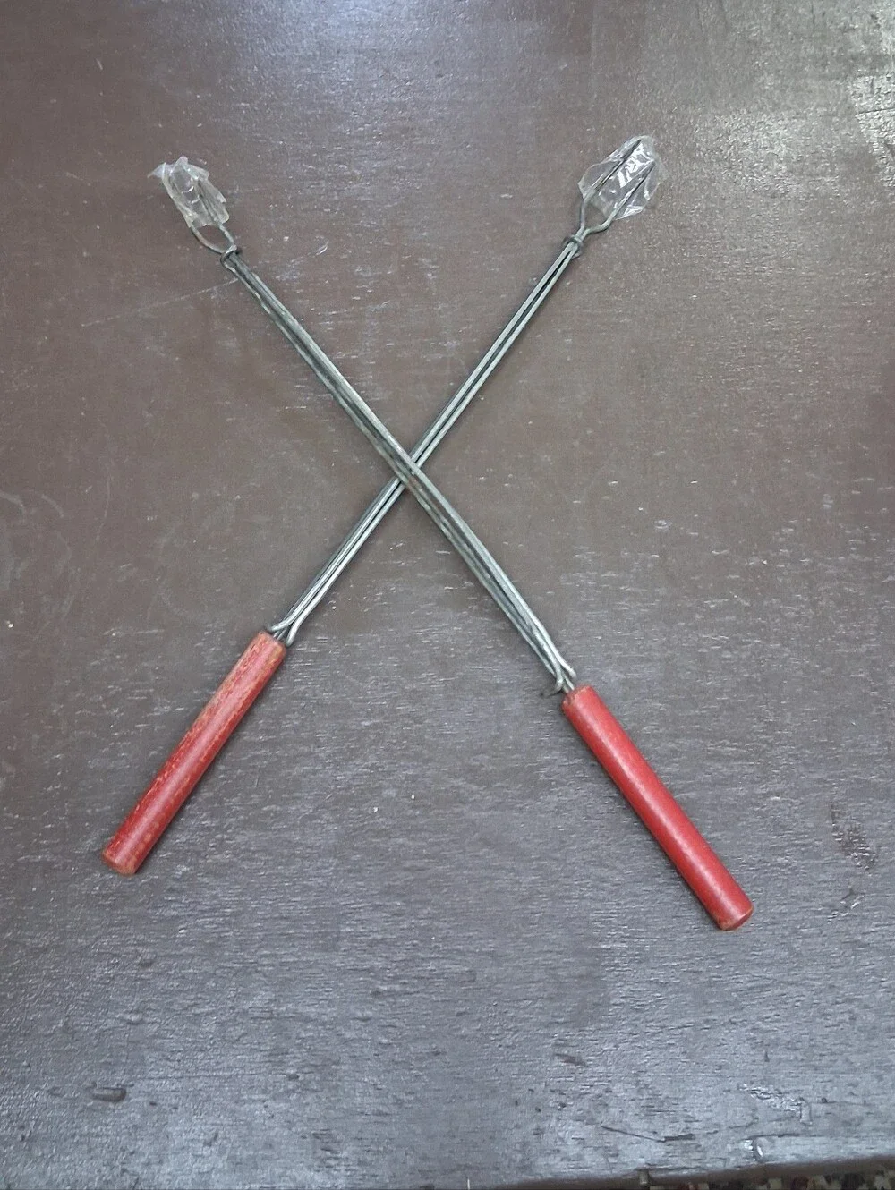 Pair of 2 Vintage metal Red Adjustable Hot Dog Skewer Fork Campfire Wood Handles